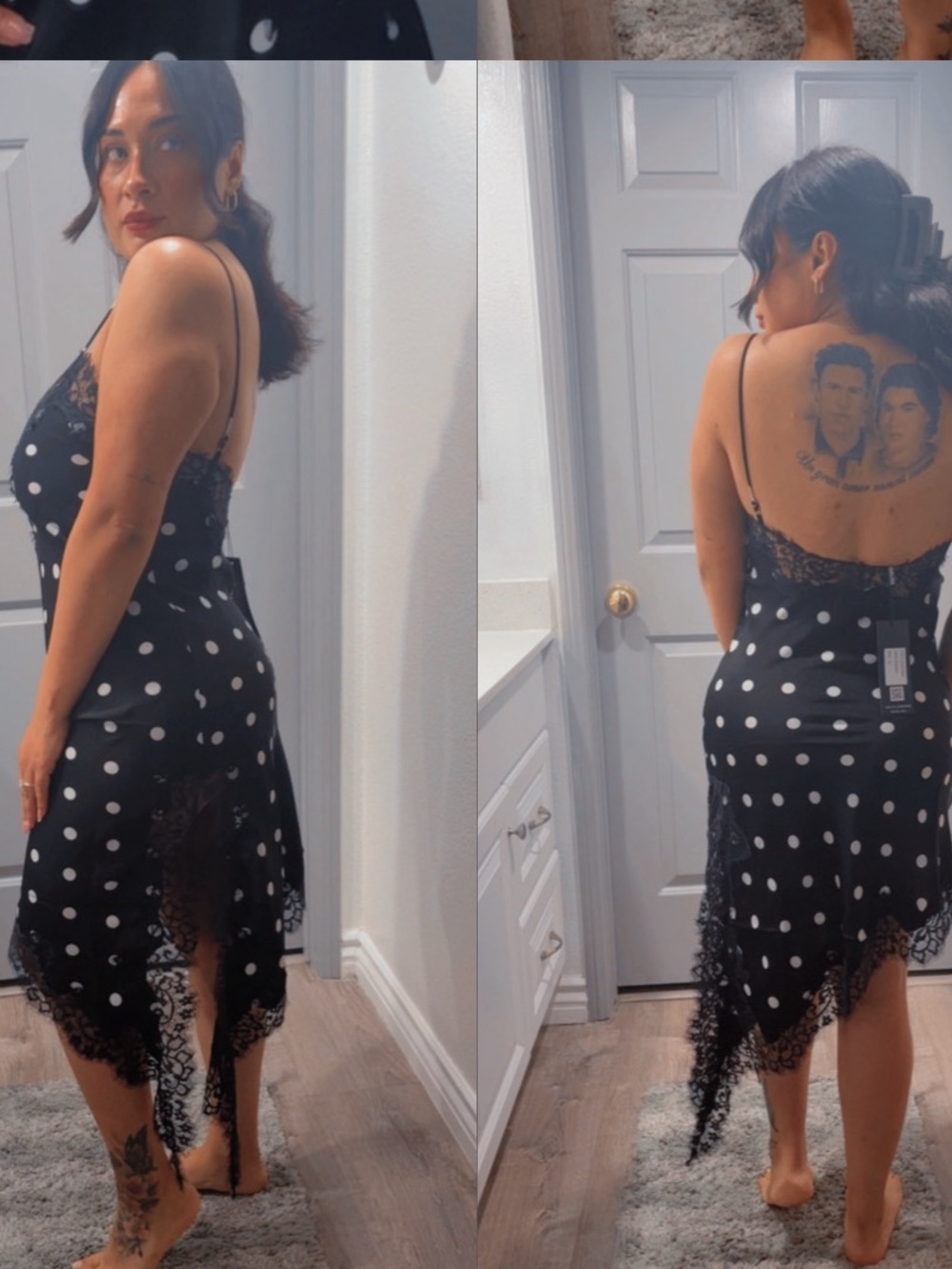 Black Polka Dot Asymmetrical Slip Dress with Lace Trim